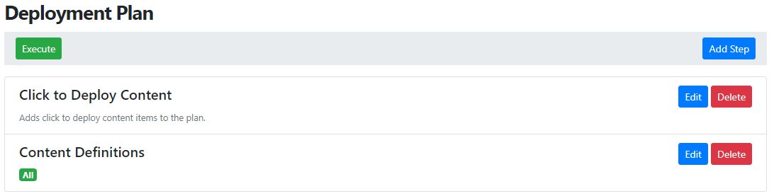 Click to deploy deployment plan with content definitions deployment step