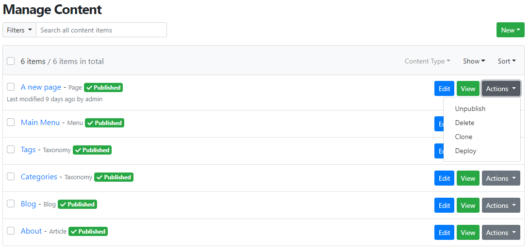 Deploy a content item using the Actions dropdown