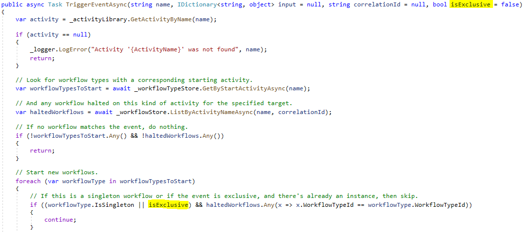 TriggerEventAsync method with with isExclusive optional parameter