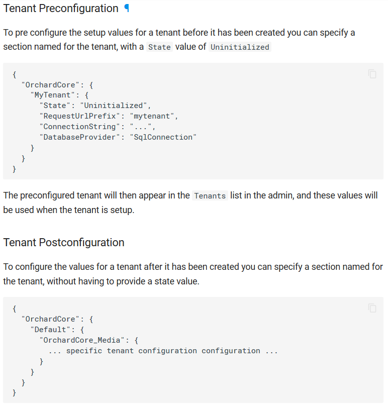 Orchard Core documentation about tenant configuration