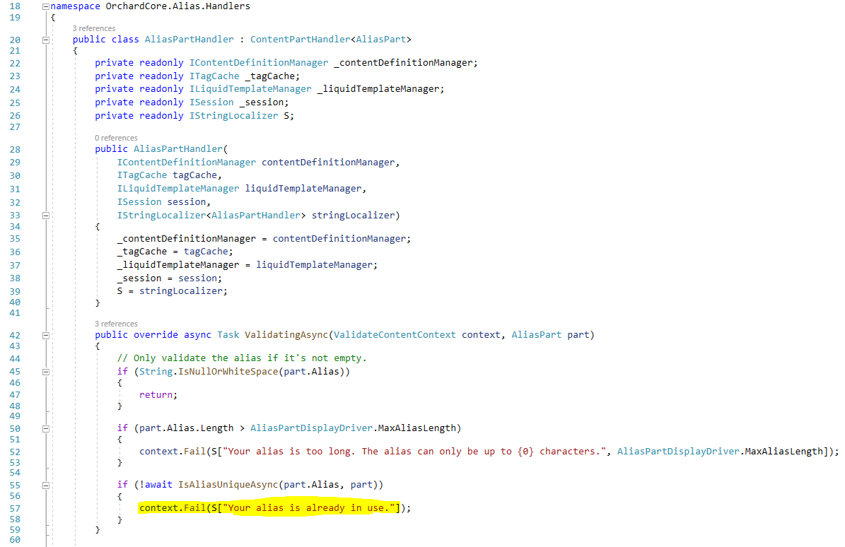 Use the ValidatingAsync method in AliasPartHandler