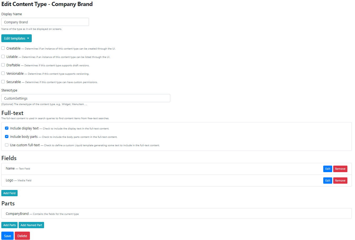 The content definition of the Company Brand content type