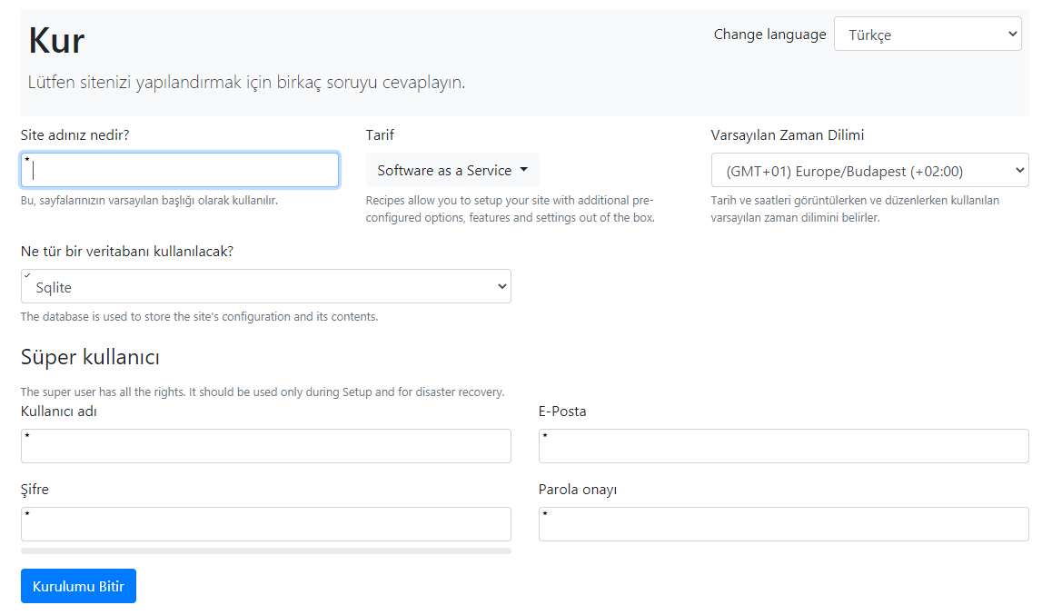 The setup screen in Turkish