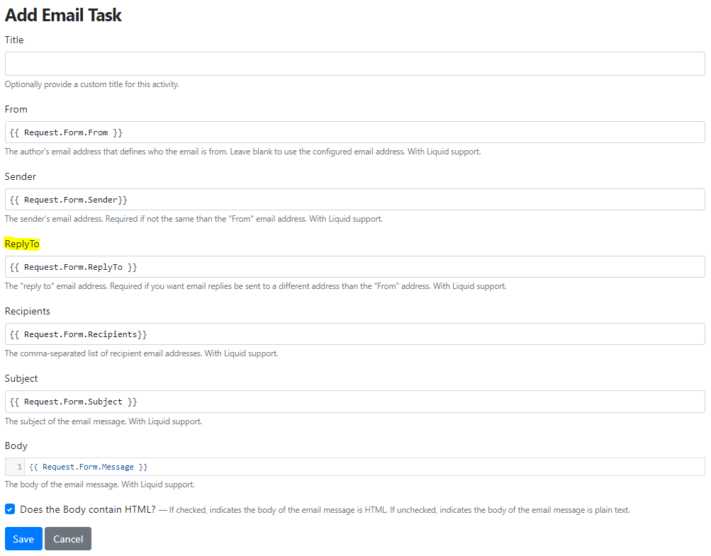 The new reply to email address property in the Send Email task