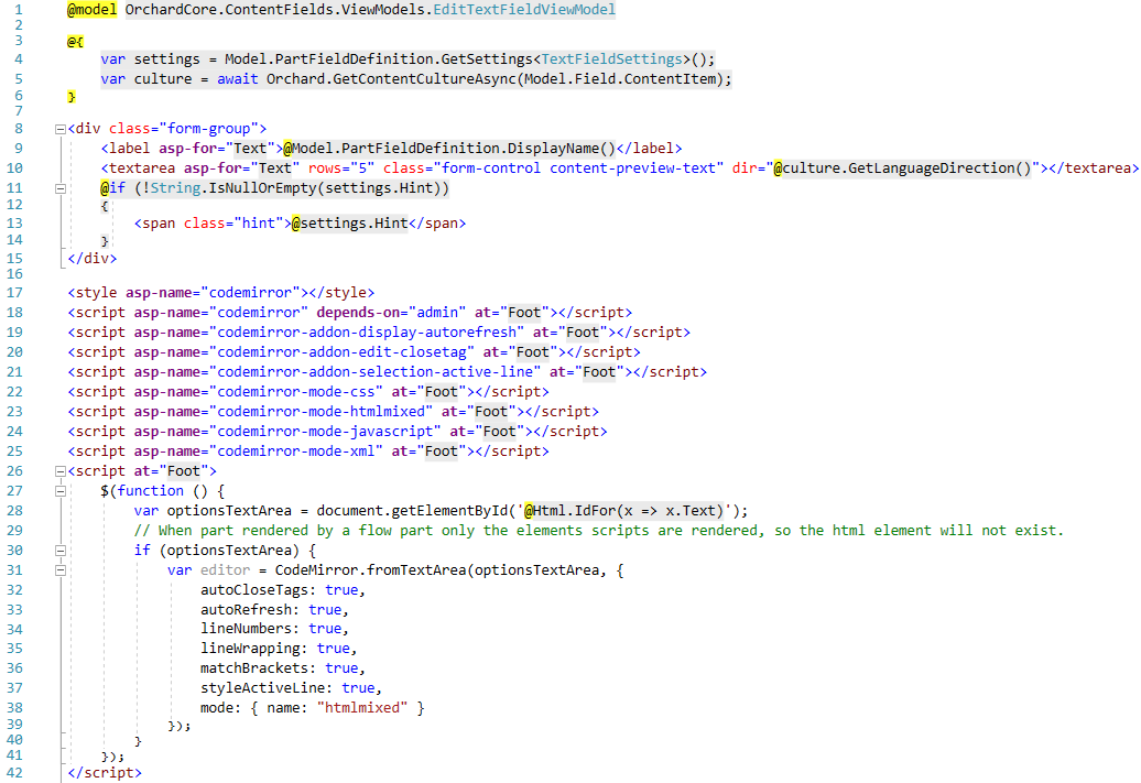 CodeMirror settings for the TextField