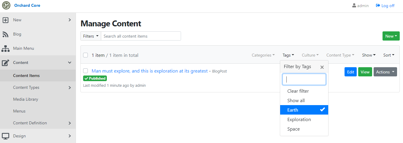 Filter by tags in the content items list