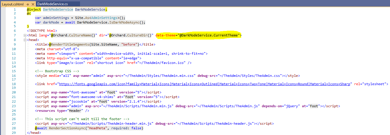 The Layout.cshtml of the admin theme
