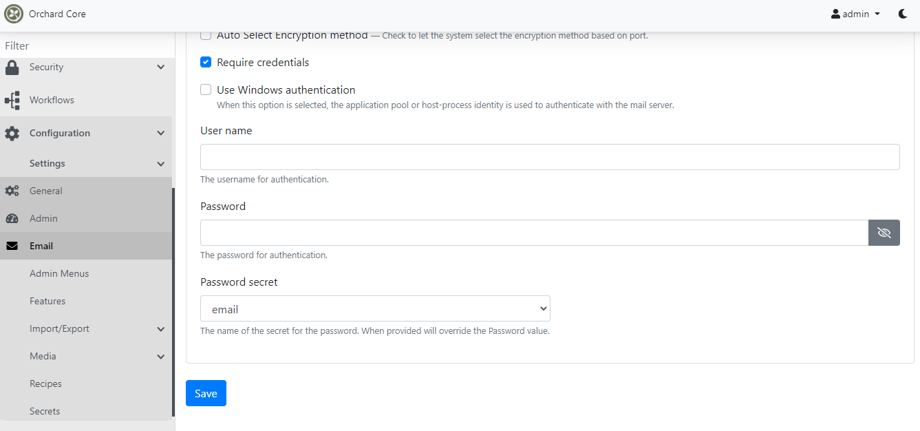 Email settings with password secret