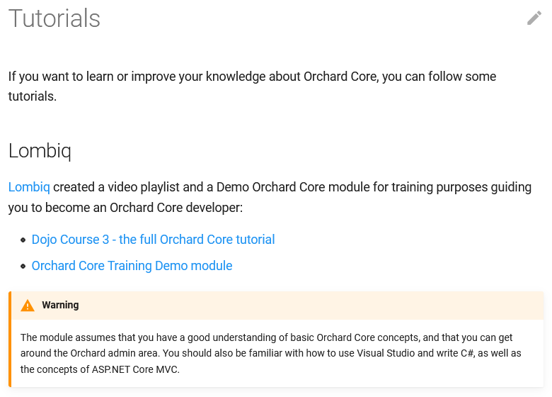 Tutorials page in the Orchard Core documentation
