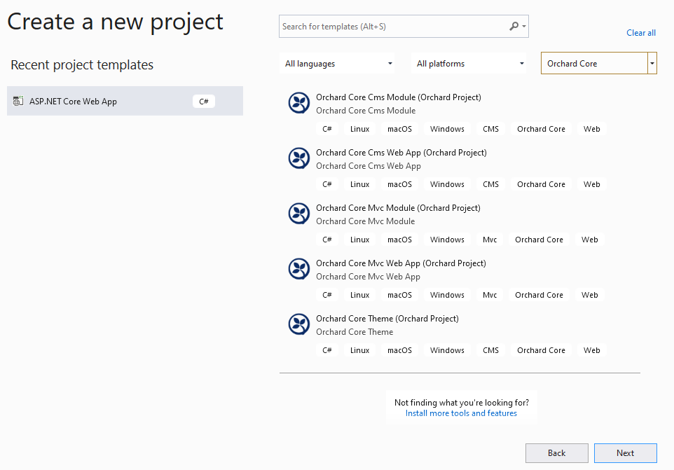 Create a new project dialog in Visual Studio