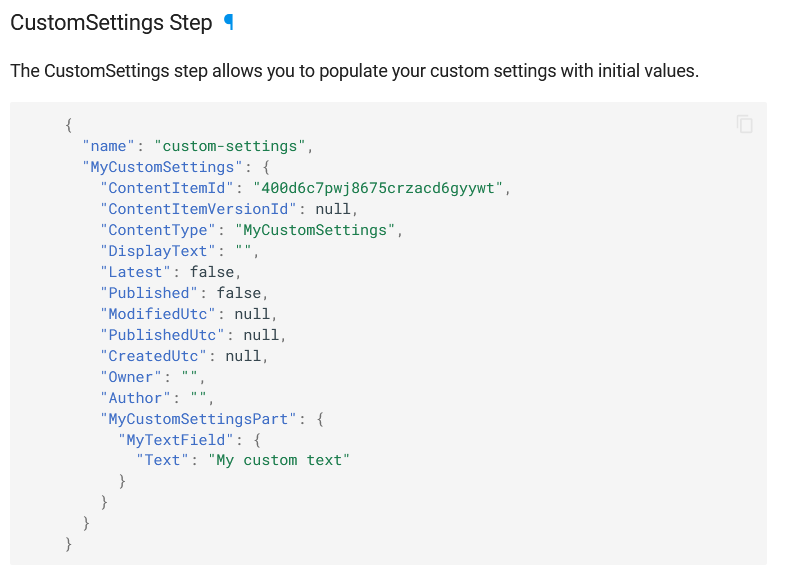 CustomSettings step documentation