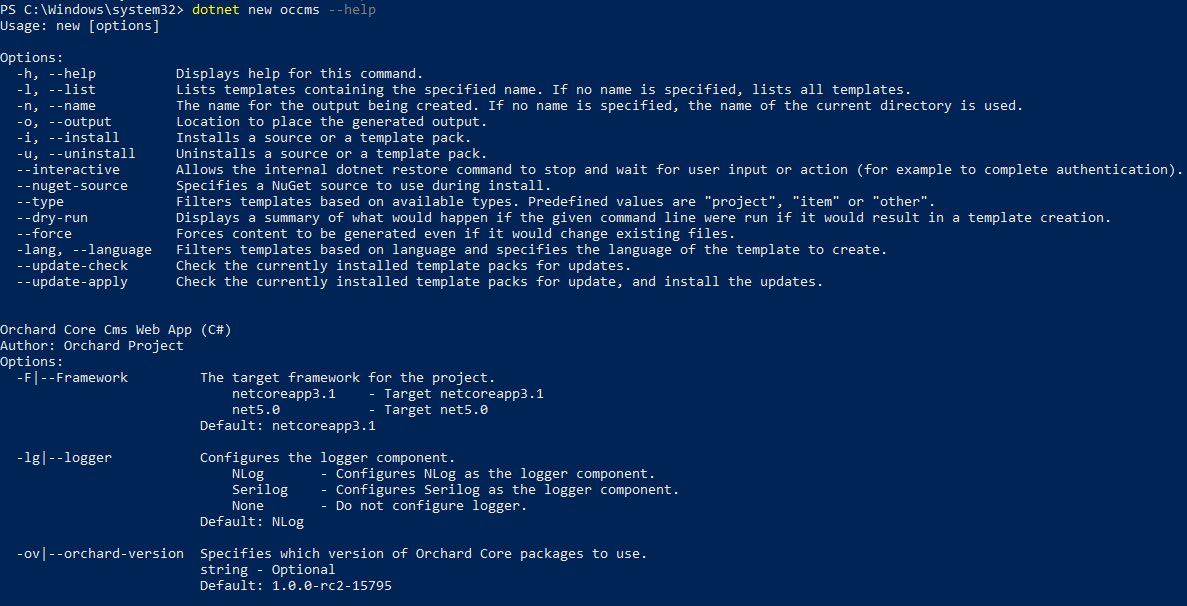 The dotnet new command for creating a new Orchard Core application