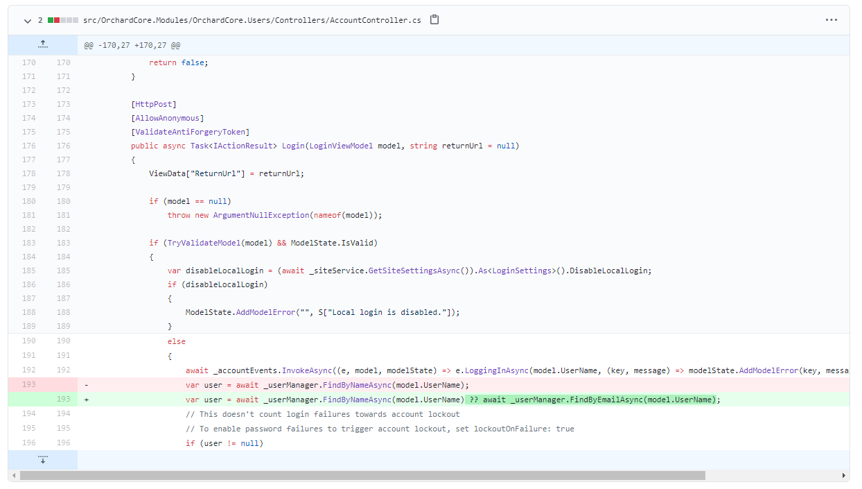 The updated Login action in the AccountController
