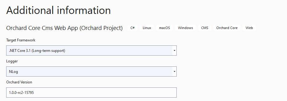 Create new Orchard Core application from Visual Studio