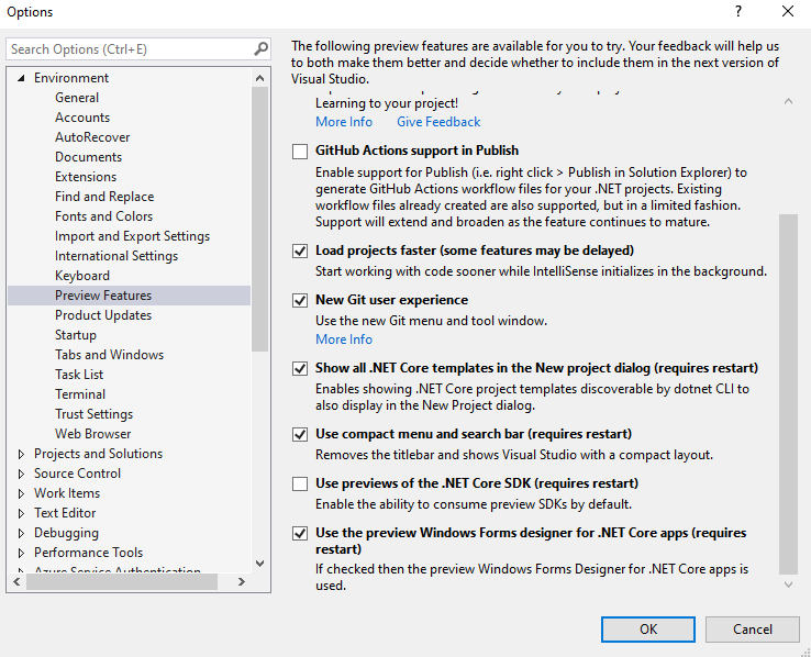 Visual Studio Preview Features options