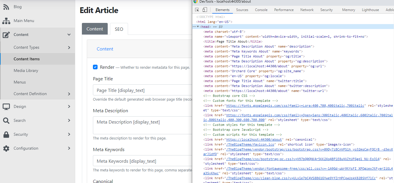 The meta tags in the source code of the page