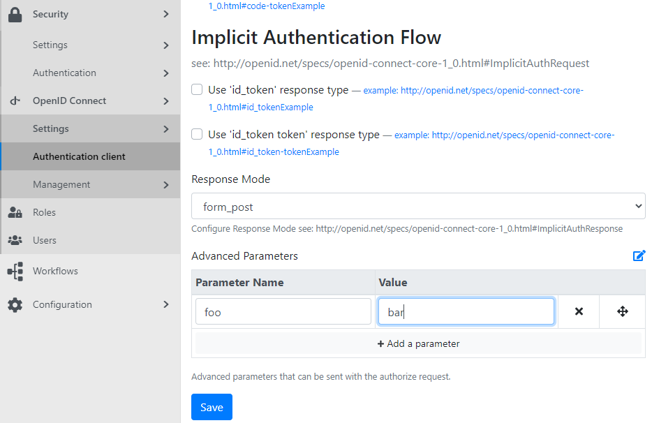 Adding Advanced Parameters for the Authentication client