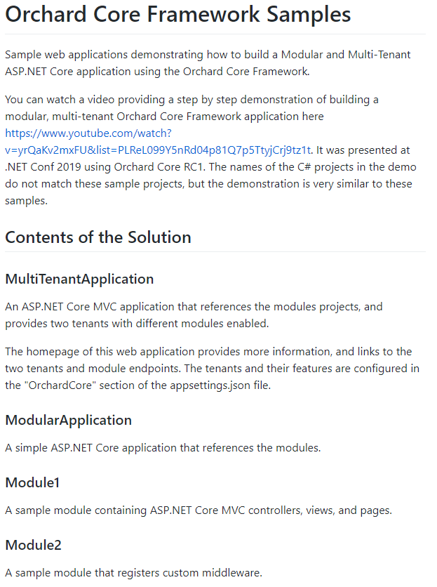 Orchard Core Framework Samples readme