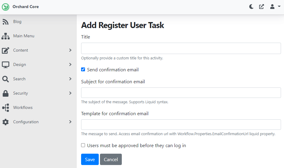 Adding the Register User Task with the approval option