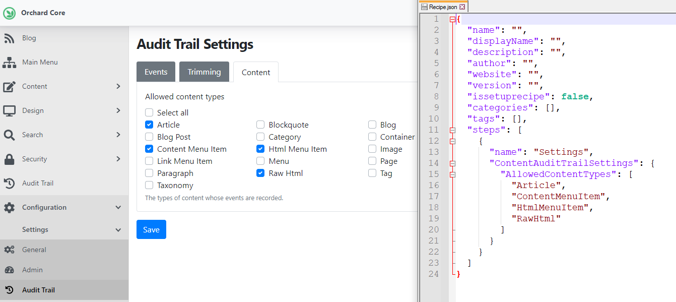 Exporting the Audit Trail Content settings