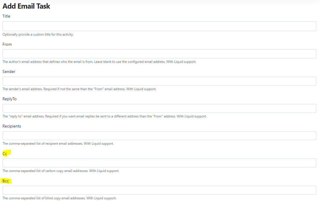 Adding Cc and Bcc to the Email Task