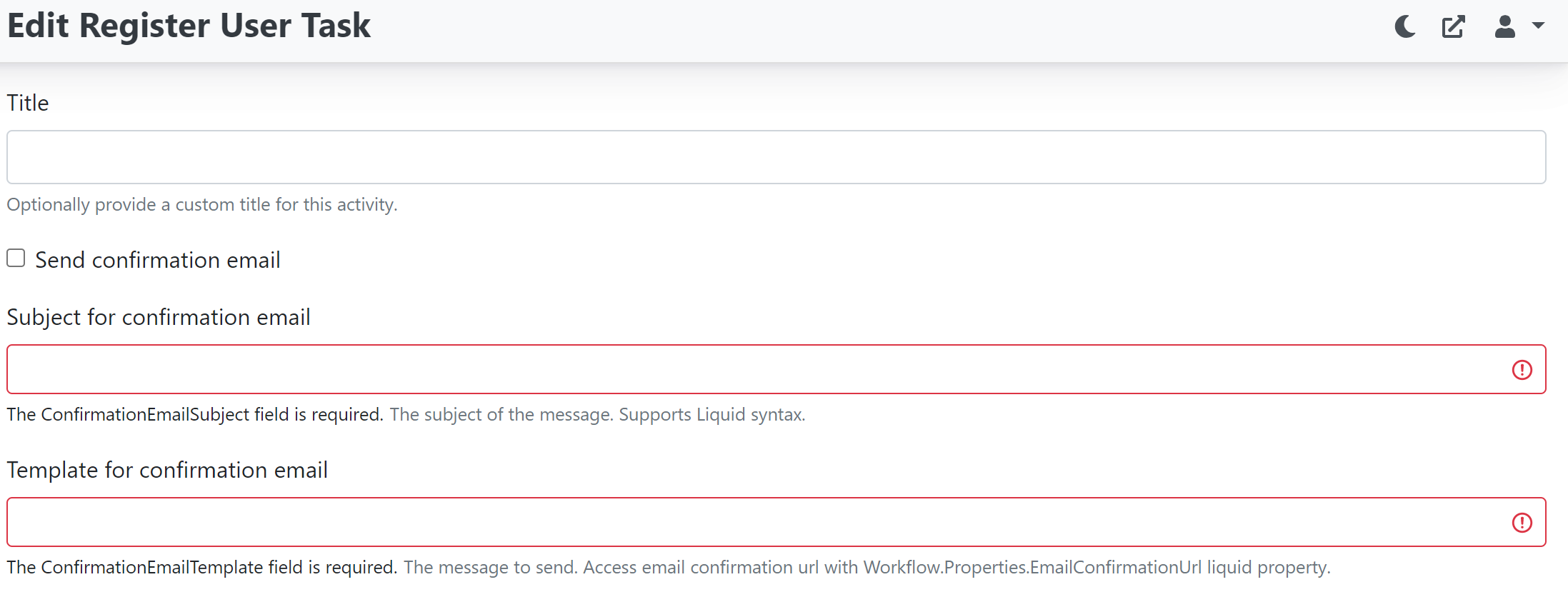 Send confirmation email in Register User Task