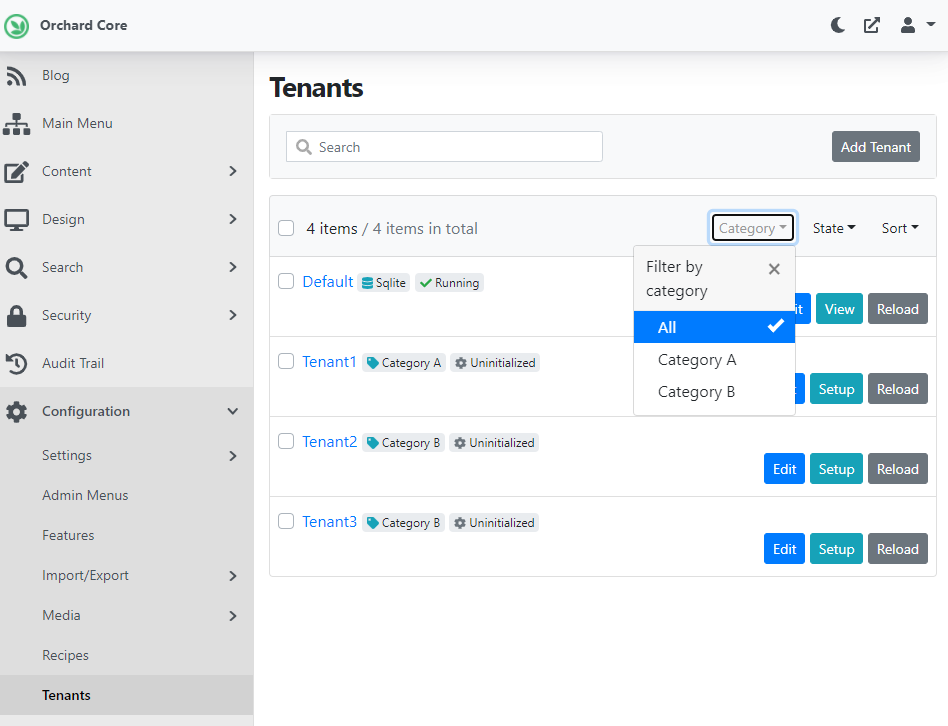 Filter tenants by category