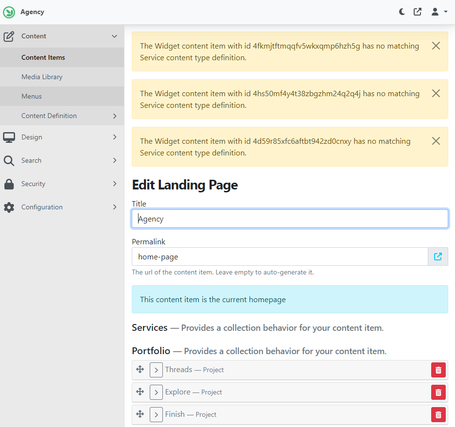 Display warning when Bag Part content type is deleted