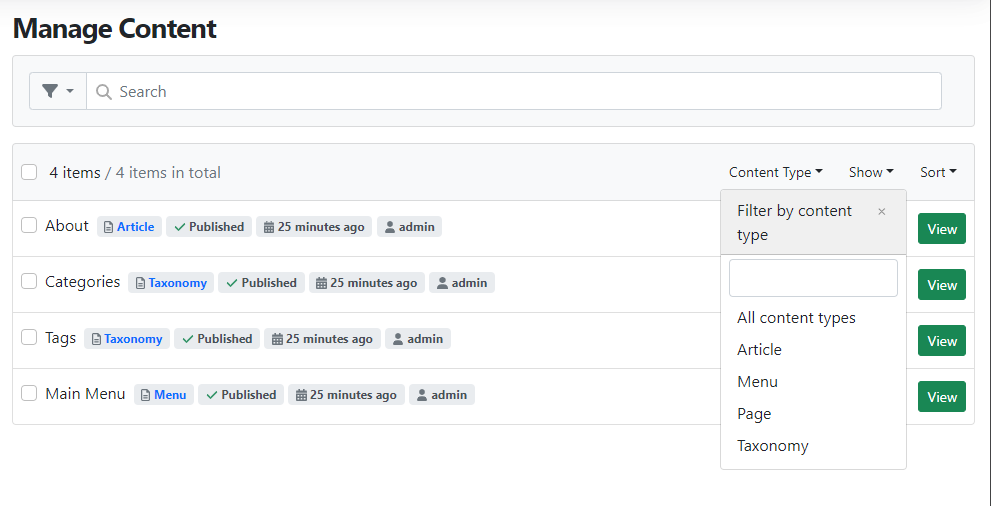 Permission check for content type filter