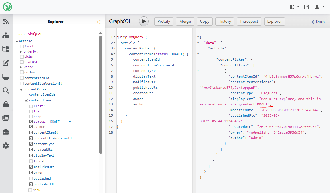 Add GraphQL support for querying content items by status from the Content Picker Field