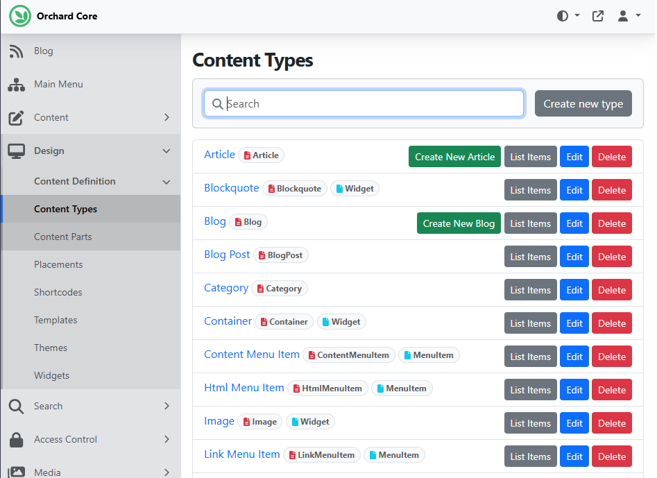 Ability to delete Content Part and Content Type from the list page