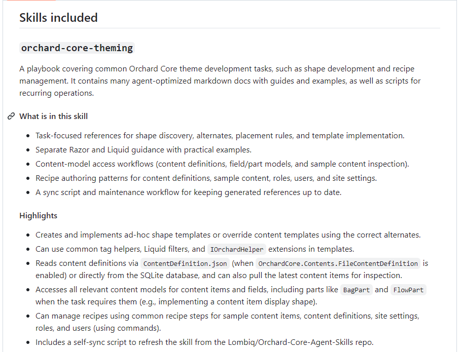 Lombiq Orchard Core Agent Skills included skills