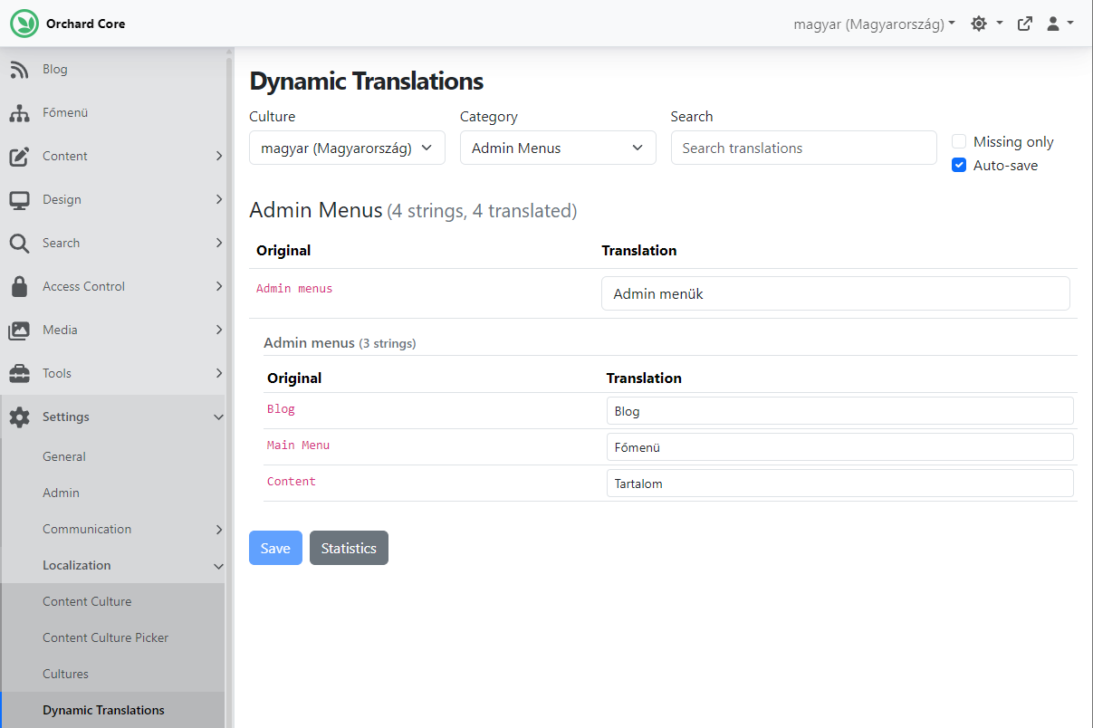Admin Menus dynamic translations