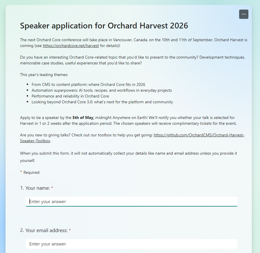 Orchard Harvest 2026 speaker application