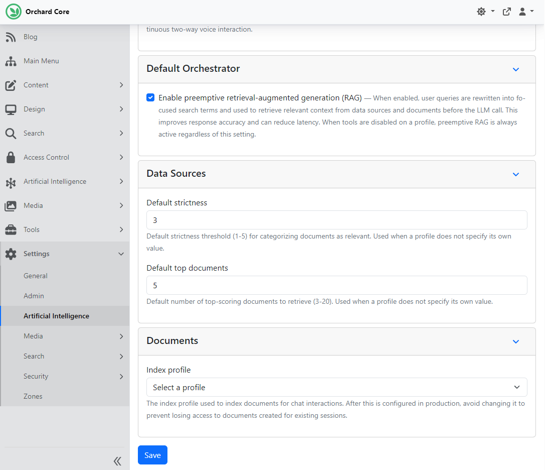 Select index profile for documents