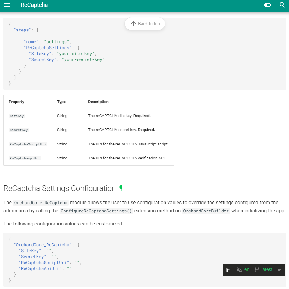 ReCaptcha settings configuration