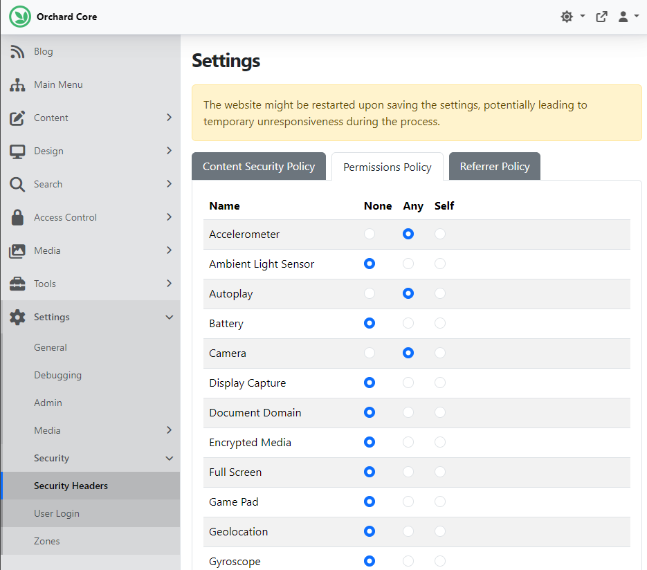 Security headers settings