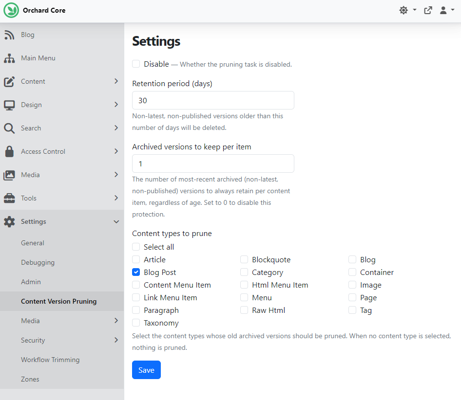 Content Version Pruning Feature