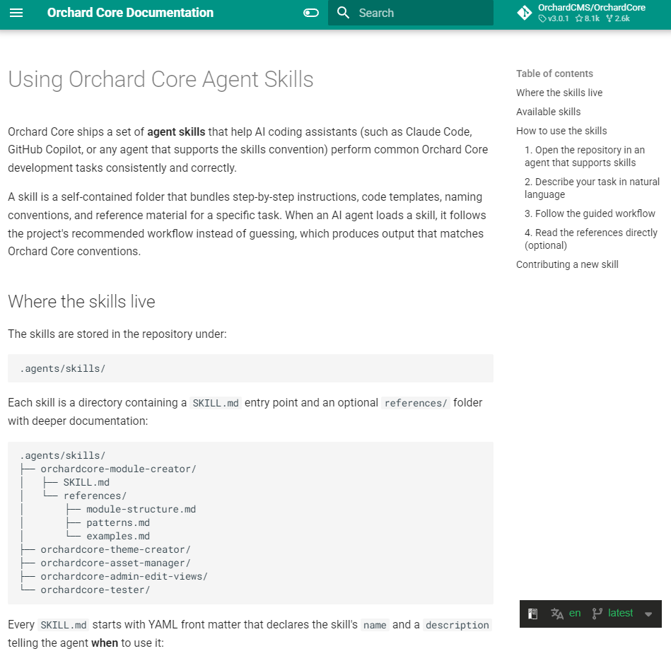Using Orchard Core Agent Skills docs