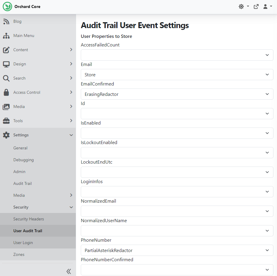 Audit Trail User Event Settings