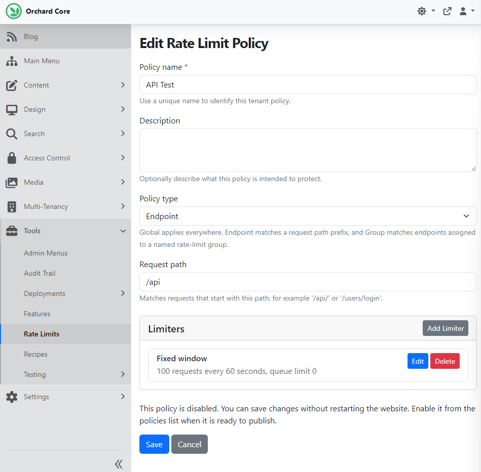 Endpoint type rate limit policy